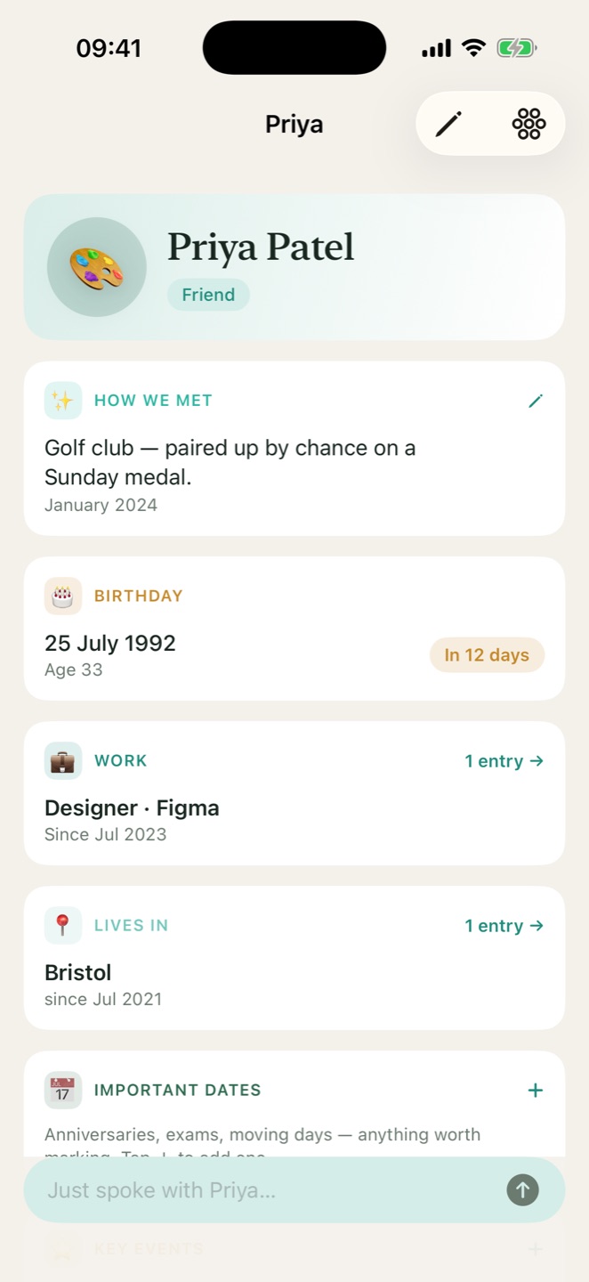 Priya's person card: how we met, birthday on 25 July, works as a designer at Figma, lives in Bristol.